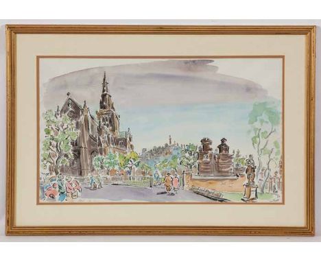 * PAUL COX,
THE NECROPOLIS AND GLASGOW CATHEDRAL 
mixed media on paper, signed and dated '86 
37cm x 62.5cm 
Mounted, framed 