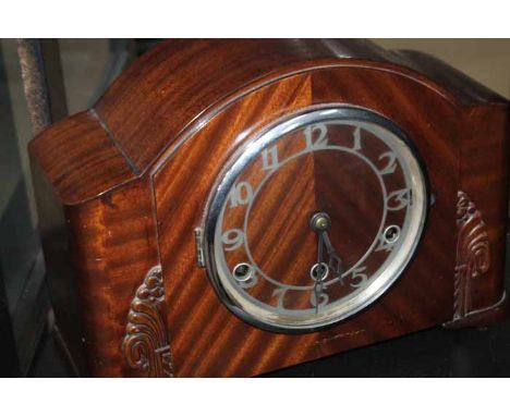 MAHOGANY MANTEL CLOCK 
together with an oak storage box 