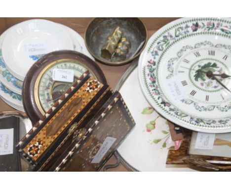 ANEROID BAROMETER 
together with a part chess set in box, brass bowl and two brass figures and a simulated tortoiseshell phot