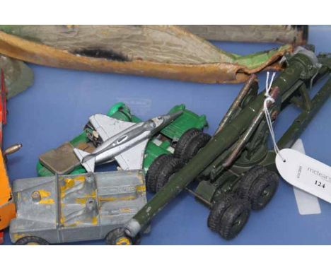 SELECTION OF VINTAGE CAST METAL MODEL VEHICLE TOYS
including a field artillery gun, several cars, a tank, roadside props etc.