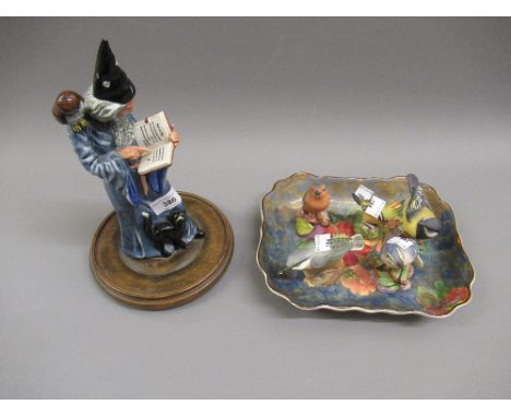 Royal Doulton figure ' The Wizard ', a Royal Doulton floral decorated dish and five Royal Worcester figures of birds 
