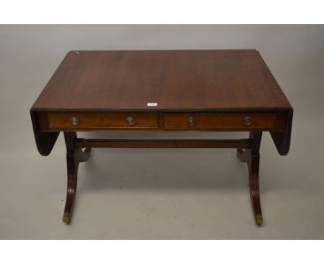 19th Century mahogany drop-leaf sofa table with reeded top over two short drawers with brass ring handles and swept reeded le