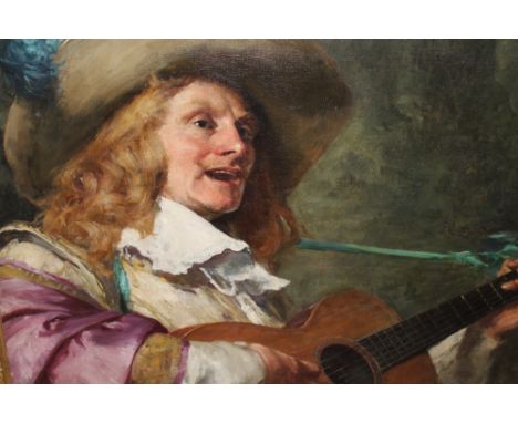 19th Century English school, oil on canvas, portrait of a man in 17th Century costume singing and playing a guitar, unsigned,