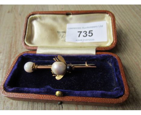 Victorian gold insect bar brooch mounted with a split river pearl and an opal 