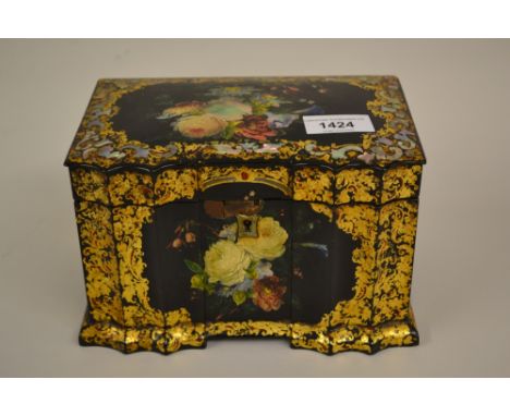 Victorian black lacquered papier mache tea caddy with painted and mother of pearl inlaid floral decorationWear to gilding in 