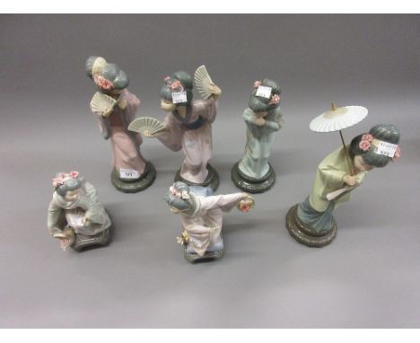 Group of six various Lladro porcelain figures of Japanese girls1.  20cms tall. Some damages to flowers otherwise in good cond