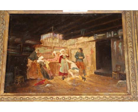 Small overpainted print on board, figures in an interior scene, 5ins x 7ins, gilt framed 