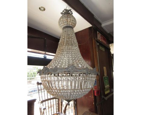 Large patinated metal and glass bag form light fitting, 44ins high 