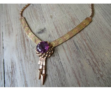 Continental two colour 14ct gold and amethyst mounted necklace, together with a matching bracelet 