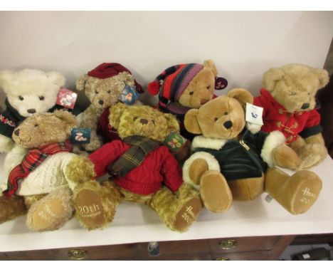 Collection of seven various Harrods teddy bears, together with a framed print of teddy bears after Deborah Jones 
