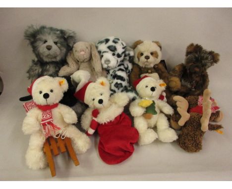 Collection of soft toys to include: three modern Steiff Christmas bears, various Charlie bears and others 