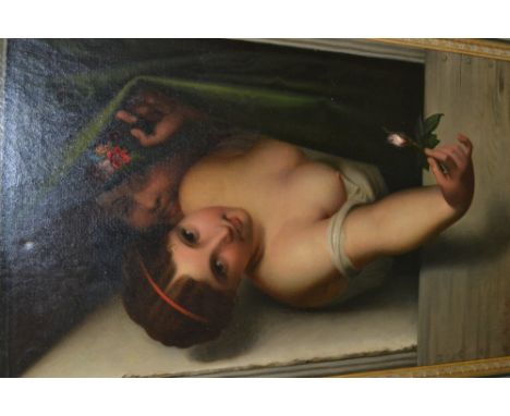 19th Century Italian school, oil on canvas, a girl with a rose at a balcony, indistinctly signed Preccso E ? and dated 1889, 