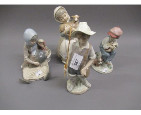 Lladro figure of a boy fisherman, another of a girl with a calf, another of a girl with a turkey, and another of a boy with a