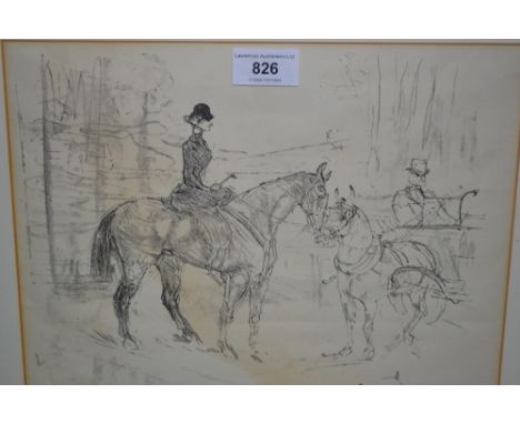 Henri de Toulouse-Lautrec, lithograph, a lady on horseback beside a figure in a horse and carriage, a dog to the foreground, 