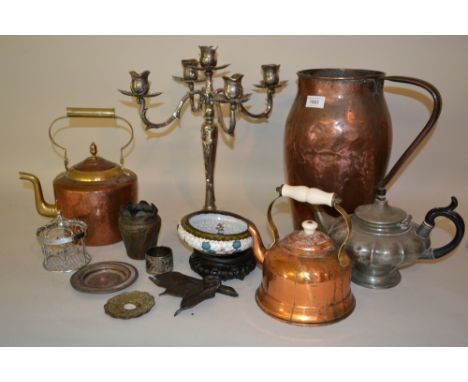 Large copper jug, plated five light candelabra and other miscellaneous metalware 