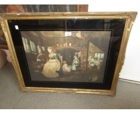 Gilt framed coloured print, cottage interior scene after Morland together with another ' Dulce Domum ' and other miscellaneou