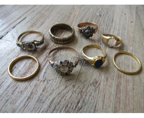 Four various 19th Century rings (with damages), two 19th Century gold wedding bands and another gold plated wedding bandThe s