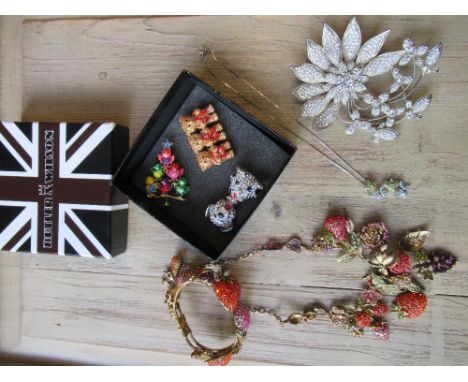 Butler and Wilson necklace and bangle of fruit design in original box, together with three other Butler and Wilson brooches o