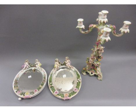 19th Century Sitzendorf five light candelabra together with two similar oval table mirrors 