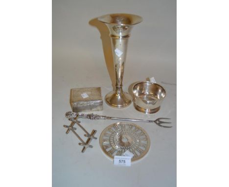 Birmingham silver spill vase, silver sugar basin, pair of silver knife rests, a silver mounted glass teapot stand and a small