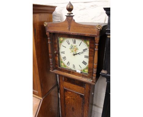 George III oak and mahogany crossbanded longcase clock, the square hood with a painted dial and Roman numerals, the single tr