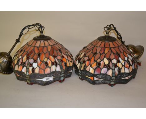 Pair of reproduction Tiffany style leaded glass Dragonfly pattern light fittings, each approximately 12ins diameter 