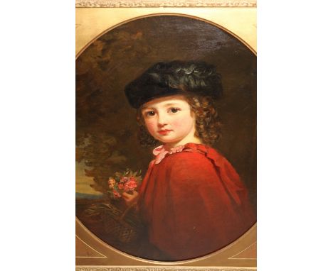 Attributed to Edwin Longsden Long, oil on canvas, portrait of Florence Amy Marler, wearing a red cloak and holding a bouquet 