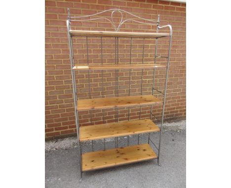 Modern pine and patinated metal five shelf open bookcase 