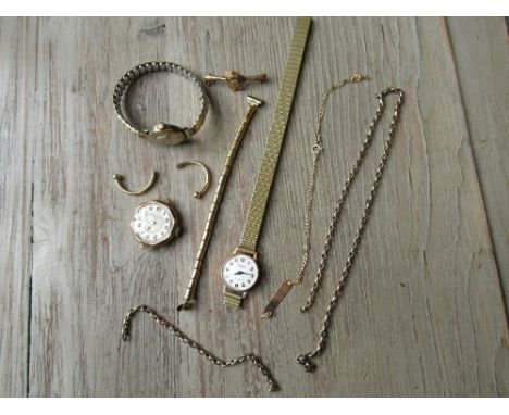 Two ladies 9ct gold cased wristwatches (at fault), another wristwatch, 9ct gold identity bracelet (at fault), a bar brooch, n