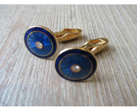 Pair of Faberge 18ct yellow gold circular diamond set and blue enamel decorated cufflinks by Victor Mayer, Limited Edition No