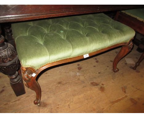 Victorian rectangular button upholstered duet stool on carved walnut cabriole supports34ins wide x 20ins high x 18ins deep 