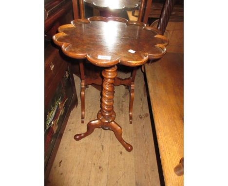 Victorian walnut circular shaped edge wine table on spiral twist and tripod support, together with three other mahogany wine 