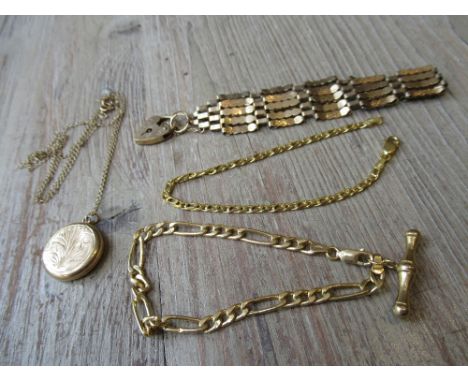 9ct Gold gate link bracelet, 9ct gold locket on chain and two modern 9ct gold bracelets25g 