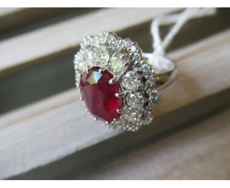 Large 14ct white gold treated ruby and diamond cluster ring 