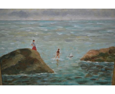 Modern British school, oil on canvas laid on board, coastal landscape with children playing with a toy boat, 16ins x 20ins 