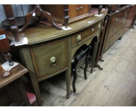 Edwardian George III style mahogany satinwood banded and line inlaid bow fronted sideboard with a centre drawer flanked by a 