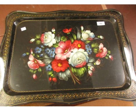 Russian floral decorated toleware tray together with a framed coloured print of a Naval engagement by Duncan after Huggins 