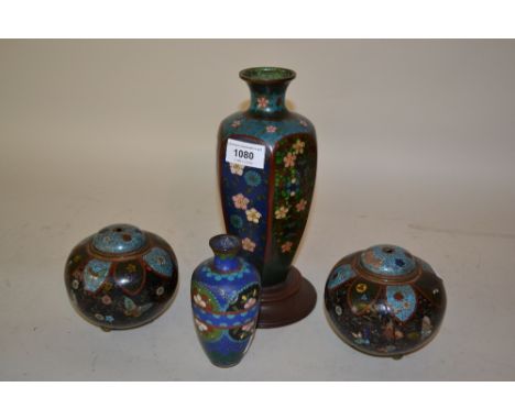 19th Century cloisonne hexagonal oviform vase with an associated plinth base, 9.5ins high (at fault) together with a pair of 