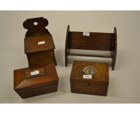 Small George III burr wood tea caddy (at fault), a 19th Century rosewood tea caddy (at fault), pine salt box and an oak book 