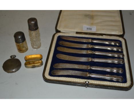 Cased set of silver handled tea knives, two silver mounted glass bottles, a plated snuff box with integral spoon and a Contin