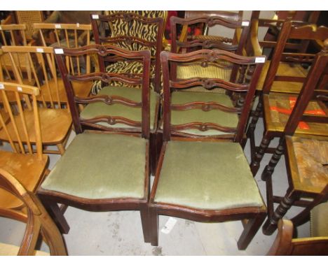 Set of four George III mahogany dining chairs with pierced ladder backs, drop-in seats and square cut supports, together with