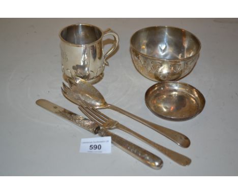 Birmingham silver Christening mug, small silver bowl, small circular silver dish, silver salad server and a silver knife and 