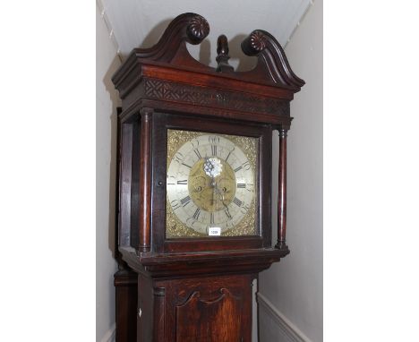 19th Century oak longcase clock, the broken arch hood above a square brass engraved dial with silvered chapter ring having Ar