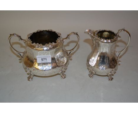 Victorian Edinburgh silver floral engraved jug and sugar basin, 1887 