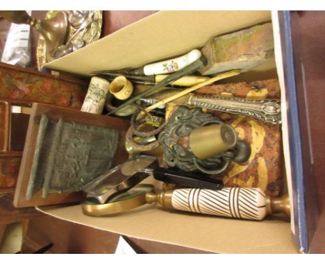 Miscellaneous small items of antique metalware including: archaeological finds, a lion's head door knocker, Egyptian panel, t