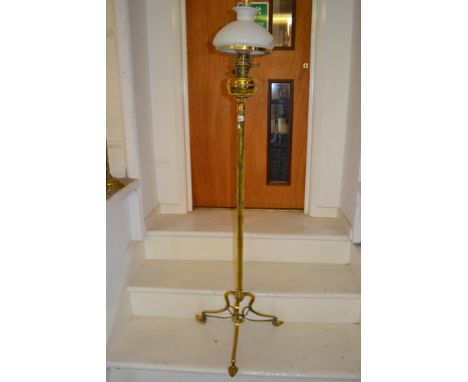Late 19th or early 20th Century Benson type oil lamp standard with an opaque glass shade and stylised tripod base (shade at f