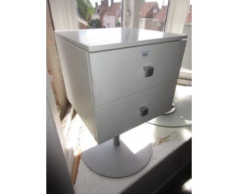 Pair of Bo Concept white laminate bedside cabinets, each with two drawers above a metal pillar support with circular foot 