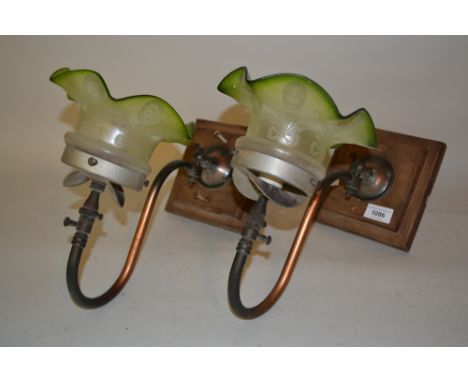 Pair of early 20th Century anodised gas light fittings with etched glass shades7.5cm diameterBoth in good condition.No cracks