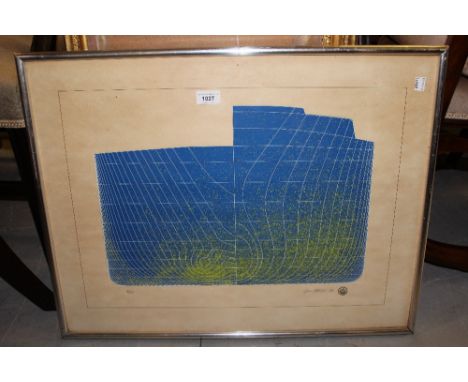 Mid 20th Century East European school, Limited Edition coloured print, abstract composition in blue, white and green, signed 