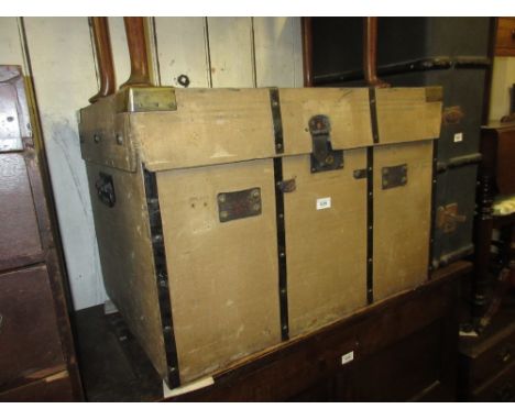 19th Century canvas, brass and metal mounted travelling trunk with hinged cover, 30ins wide 